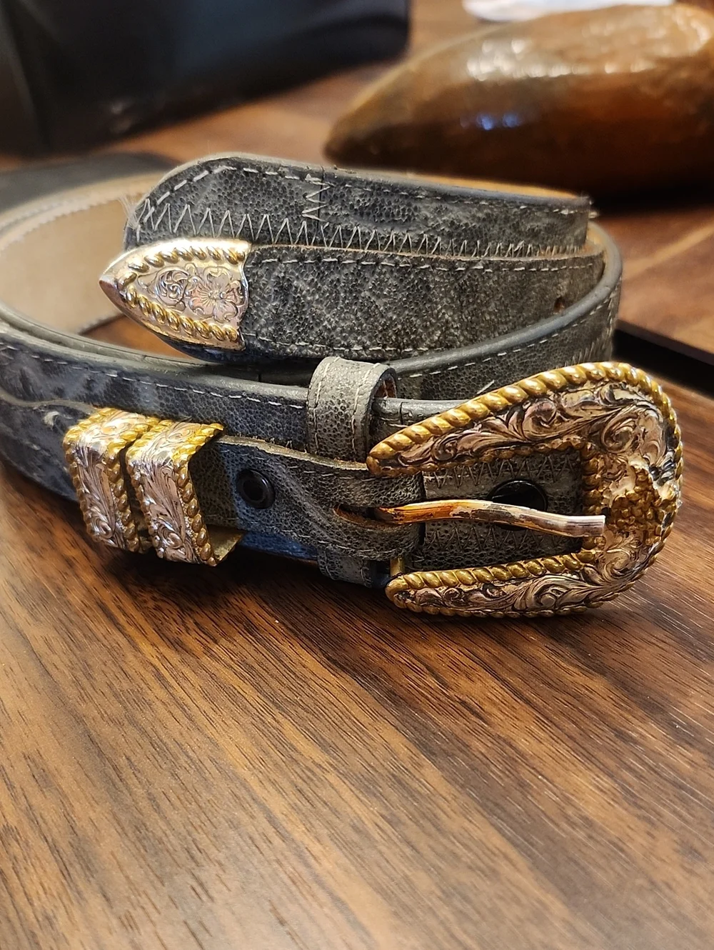 Tony Lama Men's Gray Elephant Leather Belt Crumrine Ornate Silver/ Gold Buckle